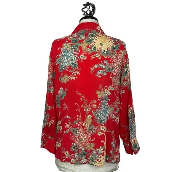 Tianello Womens Top Blouse Sz L Suzy Button Up Red Boho Floral Rayon USA Artsy - Picture 2 of 12